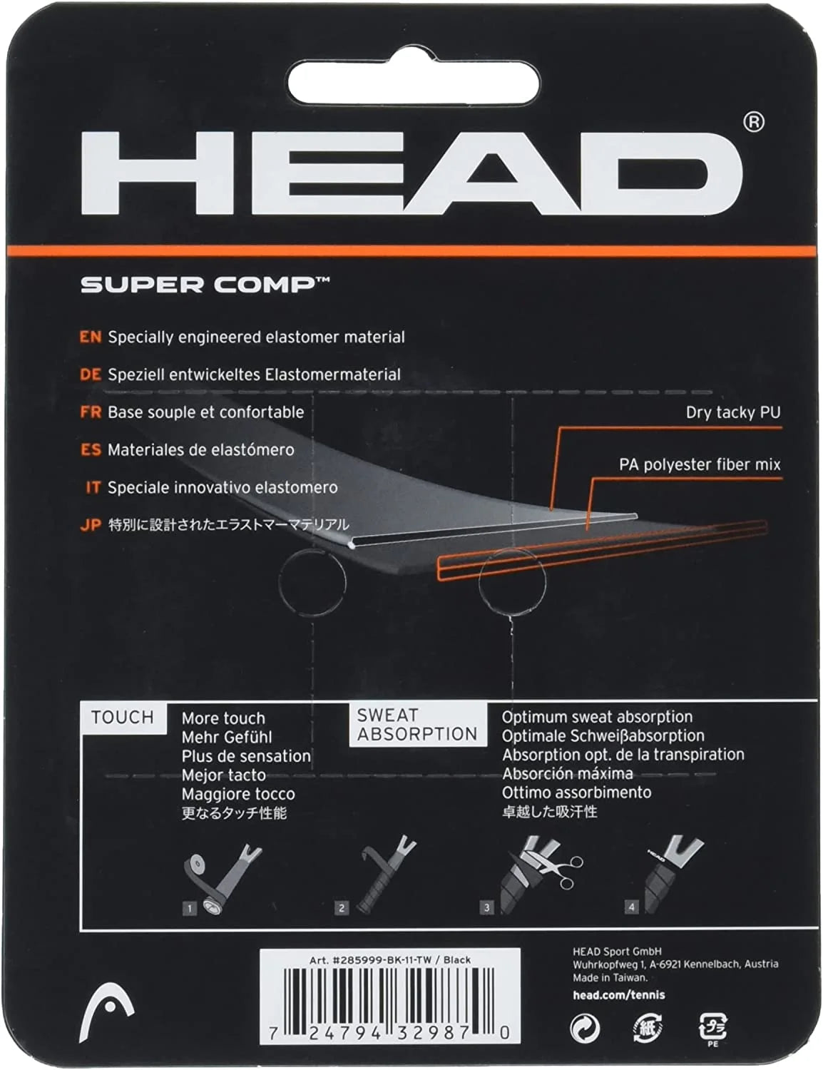 (2 Pack)  Super Comp Racquet Overgrip - 3-Pack with Tape, Black Color