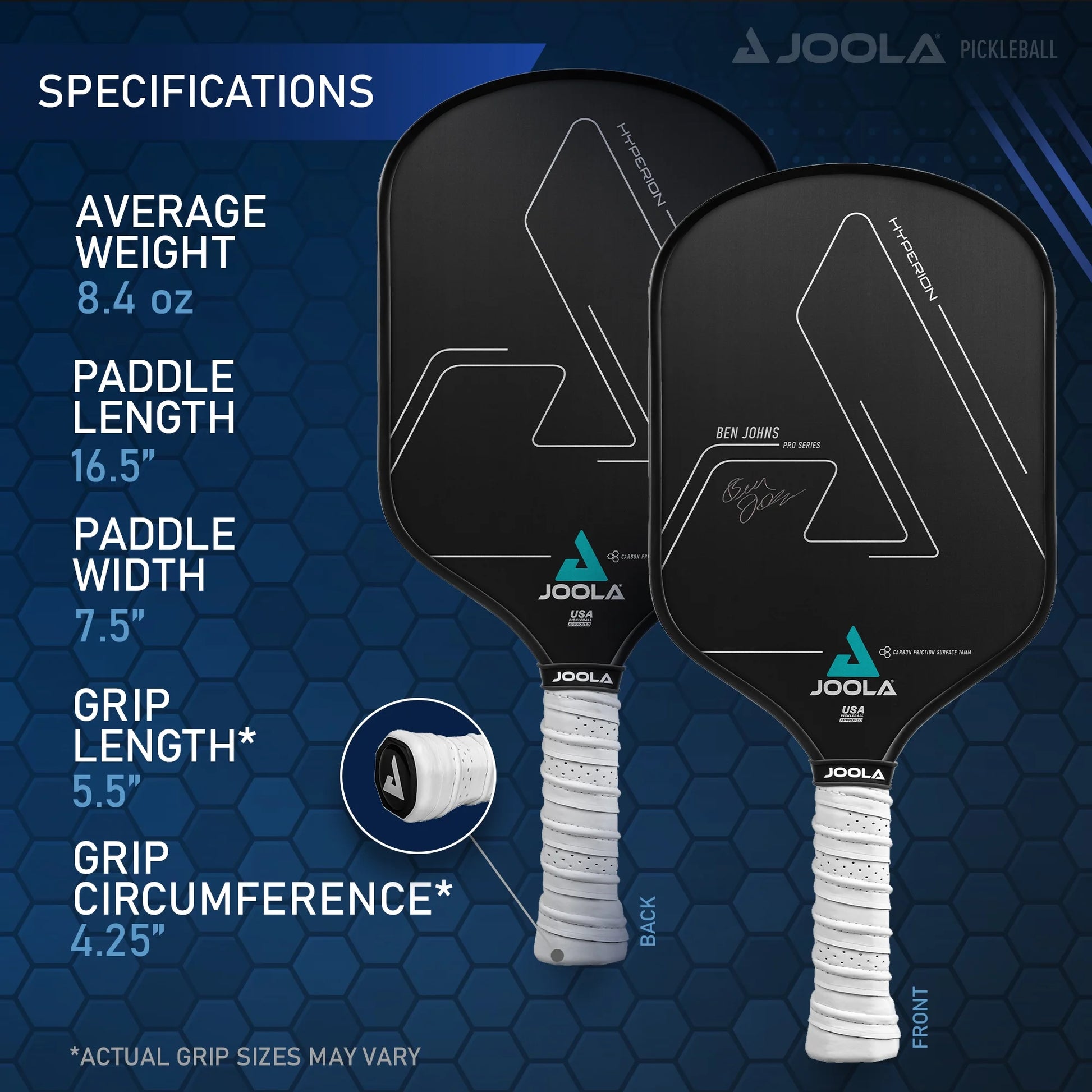 Ben Johns Hyperion CFS 16Mm Pickleball Paddle, Elongated Handle, Carbon Fiber, Black