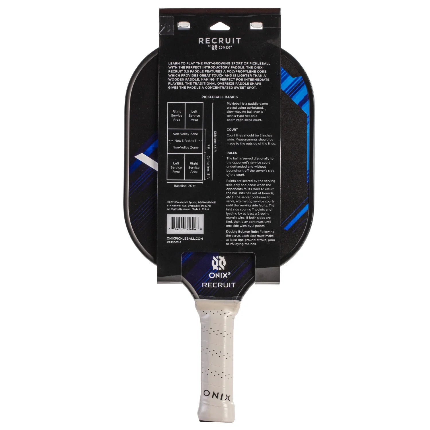 Recruit by  Pickleball V3 Paddle for All Ages and Skill Levels , Blue, Medium Weight